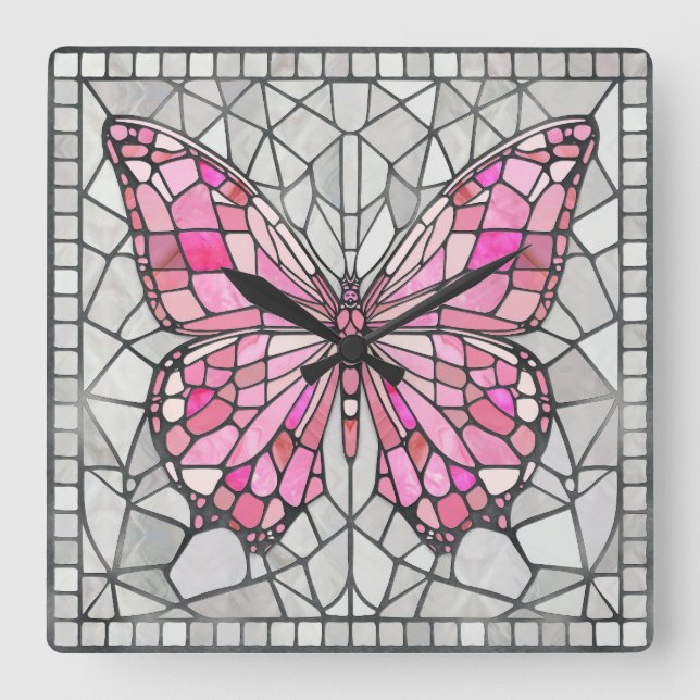 Butterfly Mosaic - Fairy Tale Pink and grey Square Wall Clock (Front)