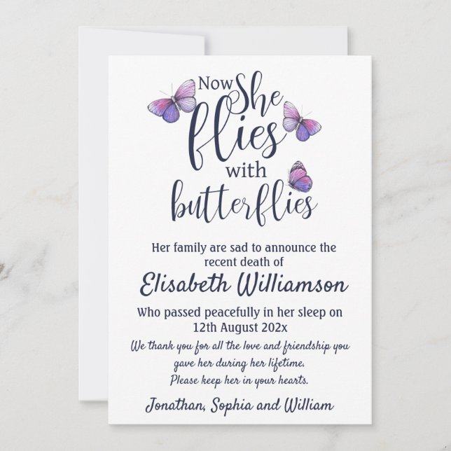 Butterfly Notice of Death Funeral  Announcement (Front)