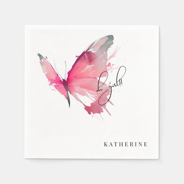 Butterfly Oh Girl Custom White Baby Shower Napkin (Front)