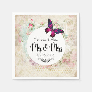 Butterfly on a Shabby Vintage Collage Mr and Mrs Napkin
