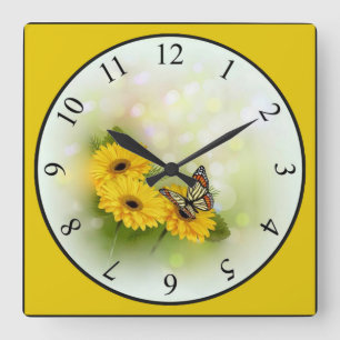 Butterfly on a Yellow Daisy Square Wall Clock