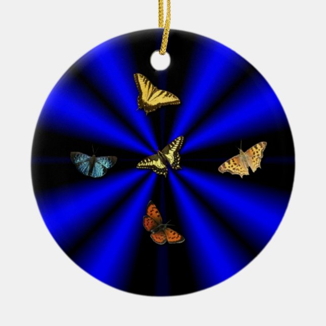 Butterfly on black and blue rainbow ceramic tree decoration (Front)
