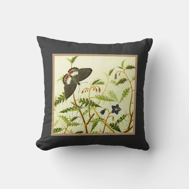 Butterfly on Blooming Bush Vintage Botanical Art Cushion (Front)