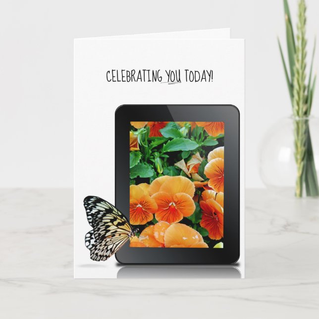 butterfly on electronic tablet device with pansy card (Front)