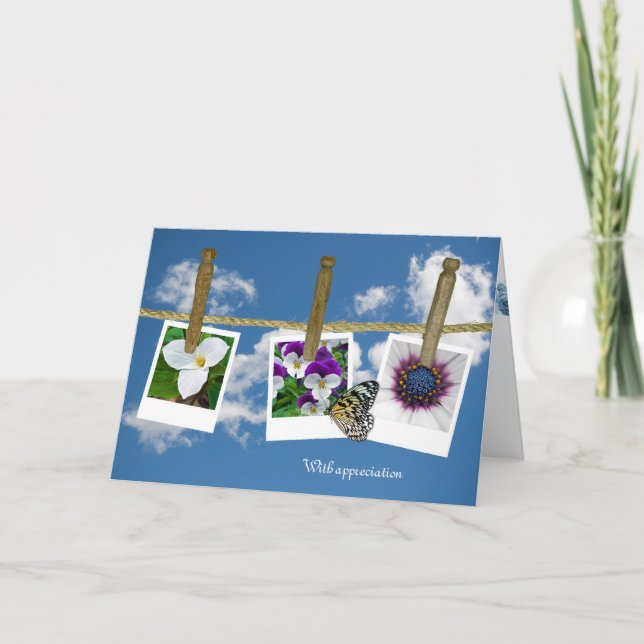 butterfly on floral photos on clothesline thank you card (Front)