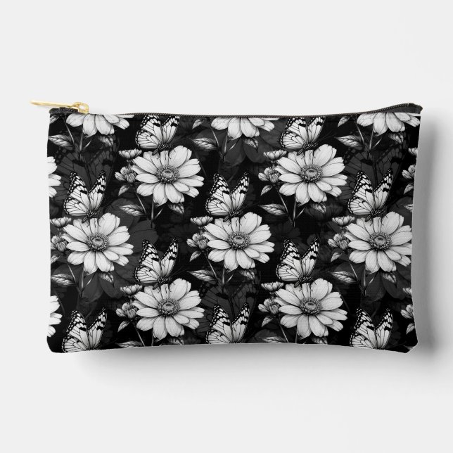 Butterfly On Flower Pattern Design - Black  Accessory Pouch (Front)