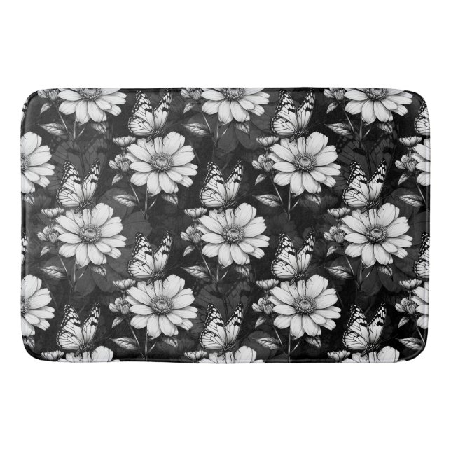 Butterfly On Flower Pattern Design - Black  Bath Mat (Front)