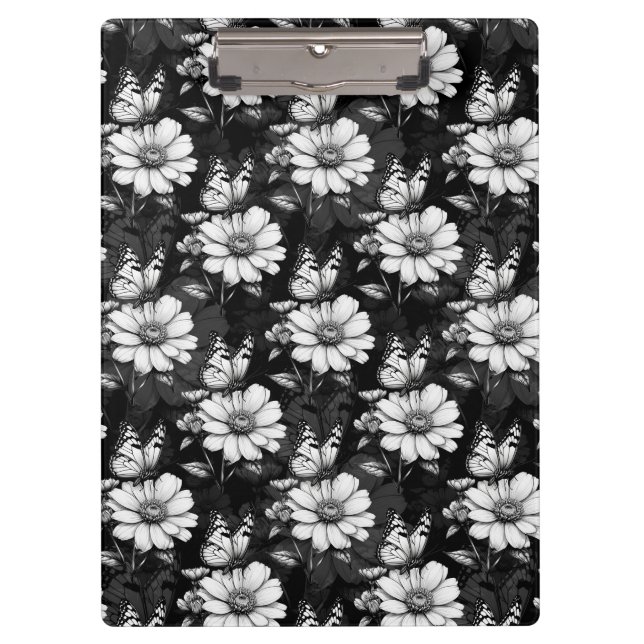 Butterfly On Flower Pattern Design - Black  Clipboard (Front)