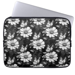 Butterfly On Flower Pattern Design - Black  Laptop Sleeve