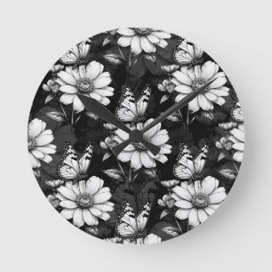 Butterfly On Flower Pattern Design - Black Round Clock