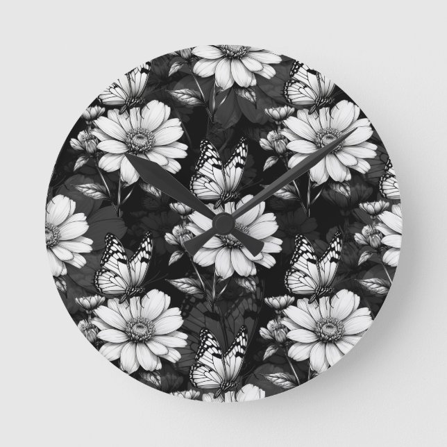 Butterfly On Flower Pattern Design - Black  Round Clock (Front)