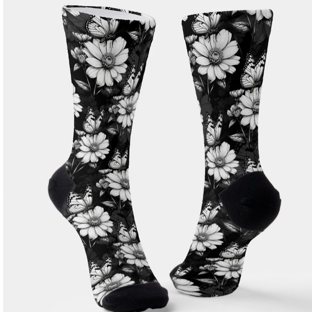Butterfly On Flower Pattern Design - Black  Socks (Creator Uploaded)