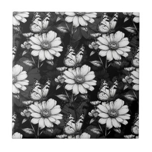 Butterfly On Flower Pattern Design - Black  Tile