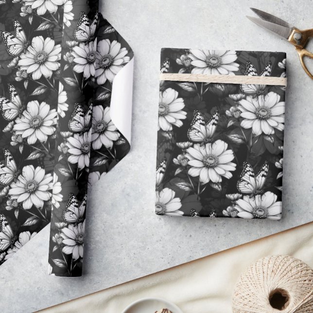 Butterfly On Flower Pattern Design - Black  Wrapping Paper (Creator Uploaded)