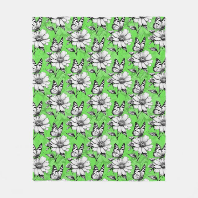 Butterfly On Flower Pattern Green Design   Fleece Blanket (Front)