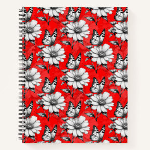 Butterfly On Flower Pattern Red Design Notebook