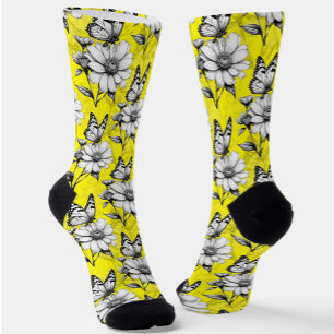 Butterfly On Flower Pattern Yellow Design Socks