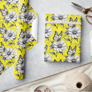 Butterfly On Flower Pattern Yellow Design Wrapping Paper