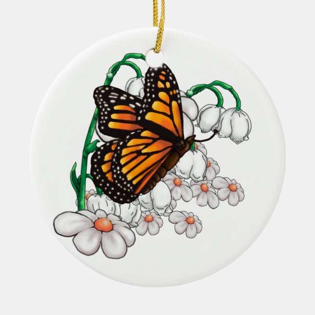 Butterfly on flowers ceramic tree decoration (Front)