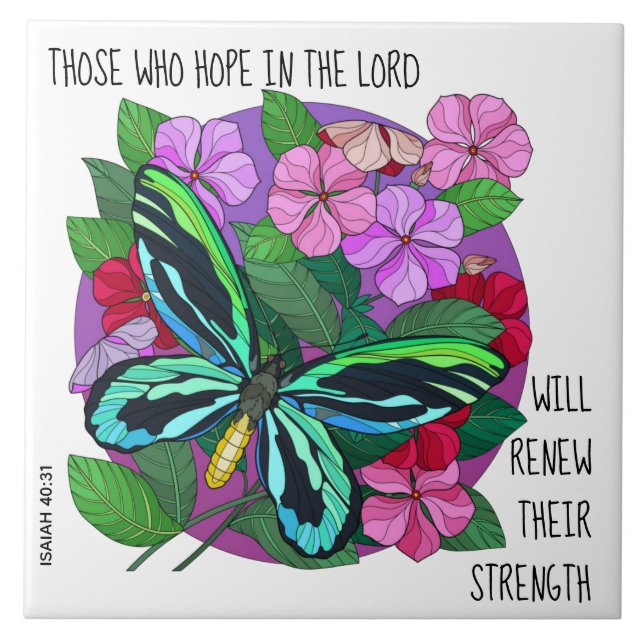 Butterfly on Flowers, w verse from Isaiah 40:31 Tile (Front)