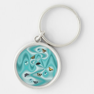 Butterfly on green Silk with Pearls Key Ring