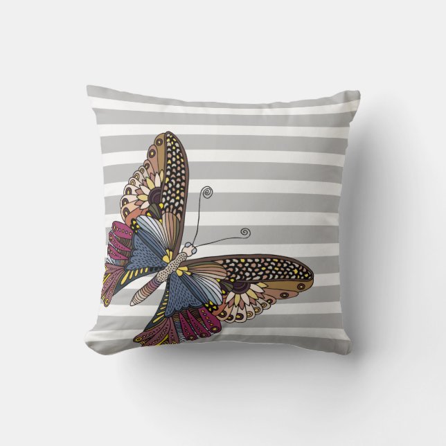 Butterfly on Grey & White Stripes Cushion (Front)