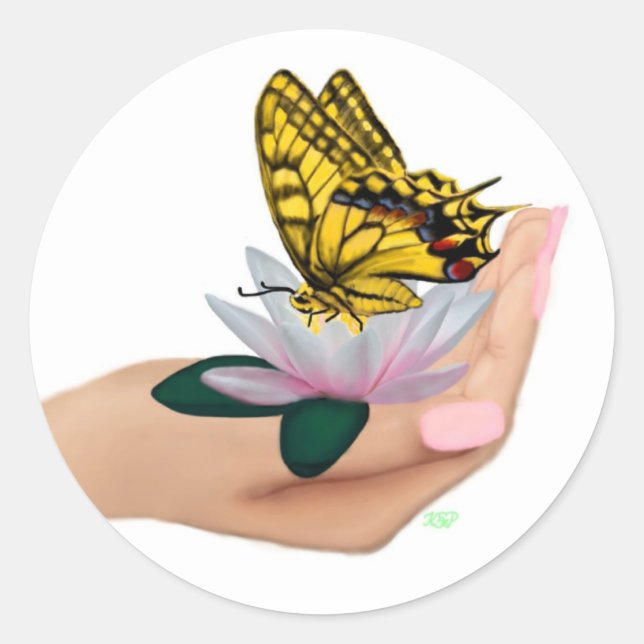 Butterfly on Lotus Bloom Classic Round Sticker (Front)