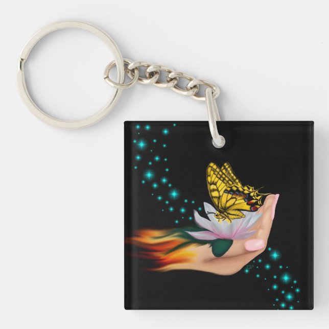 Butterfly on Lotus Bloom Key Ring (Front)