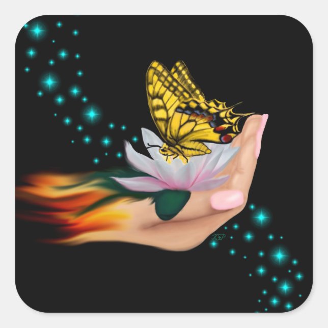 Butterfly on Lotus Bloom Square Sticker (Front)