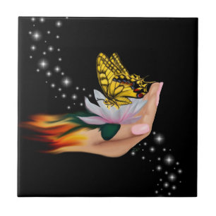Butterfly on Lotus Bloom Tile