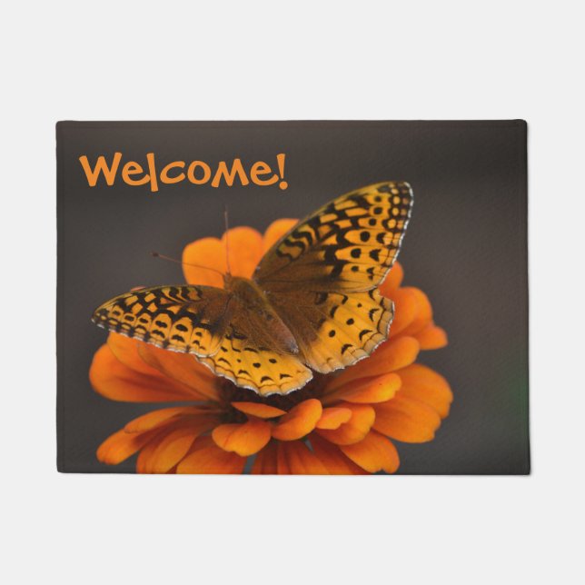 Butterfly On Orange Zinnia Welcome Mat (Front)