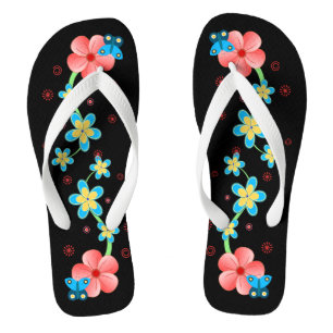 Butterfly on Pink and Blue Flowers Flip Flops
