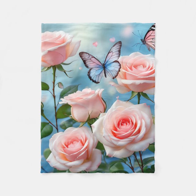 Butterfly On Pink Flower Fleece Blanket (Front)
