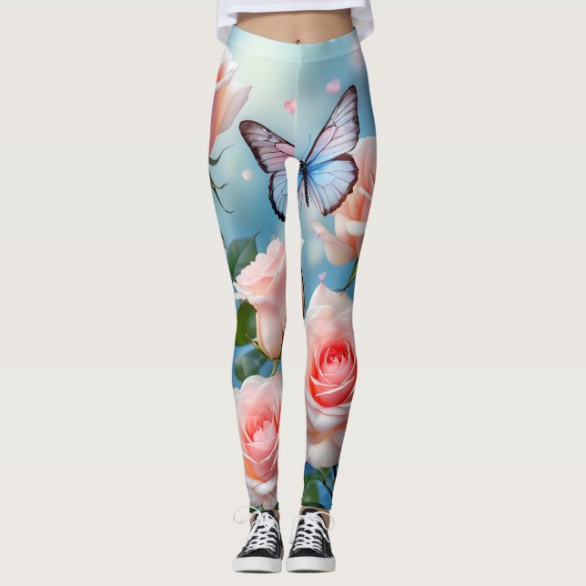 Butterfly On Pink Flower Leggings (Front)