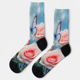 Butterfly On Pink Flower Socks