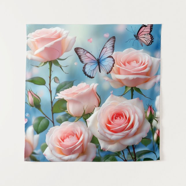 Butterfly On Pink Flower Tapestry (Front)