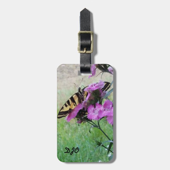 Butterfly on Purple Flowers. Customisable Luggage Tag (Front Vertical)