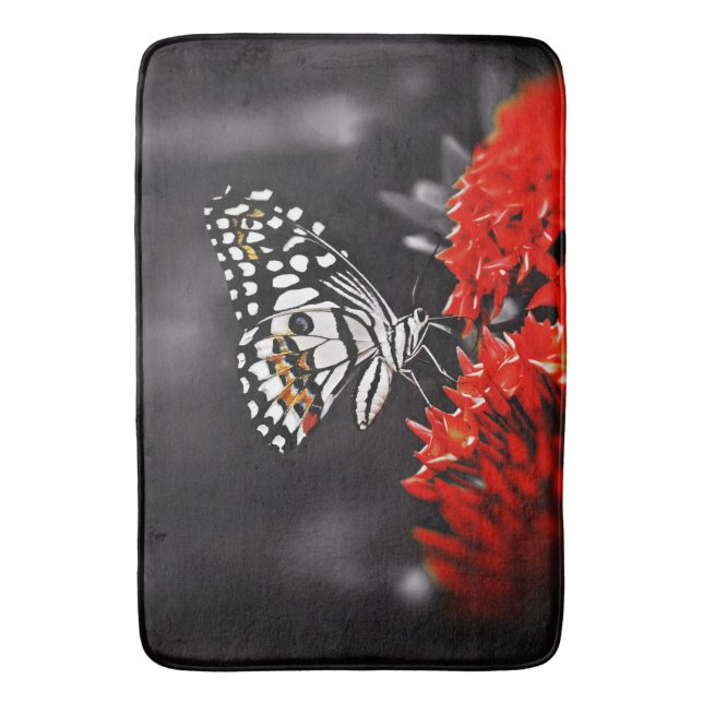 Butterfly on Red Flowers Bath Mat (Front Vertical)