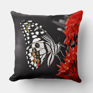 Butterfly on Red Flowers Cushion