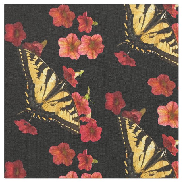 Butterfly on Red Flowers Fabric (Close Up)