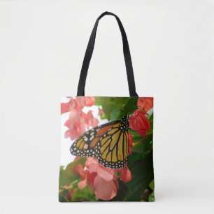 Butterfly on Red Flowers Printed Tote Bag
