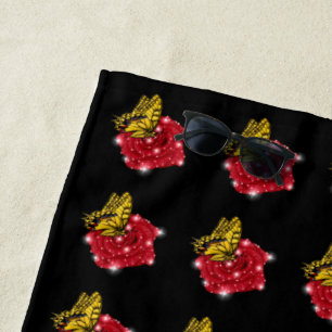 Butterfly on red Rose with Stars and Raindrops Beach Towel
