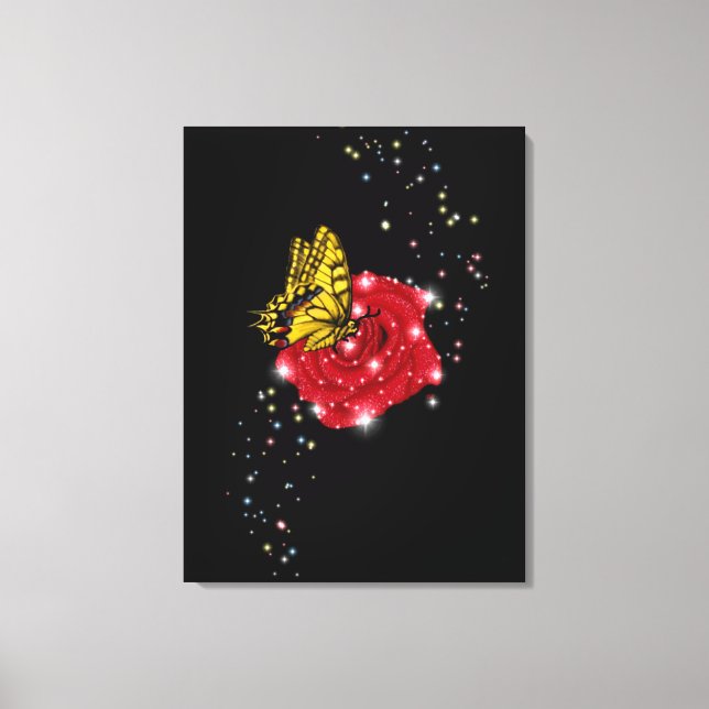 Butterfly on red Rose with Stars and Raindrops Canvas Print (Front)