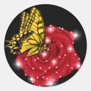 Butterfly on red Rose with Stars and Raindrops Classic Round Sticker