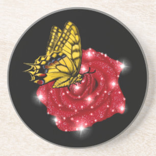 Butterfly on red Rose with Stars and Raindrops Coaster