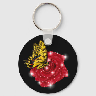 Butterfly on red Rose with Stars and Raindrops Key Ring