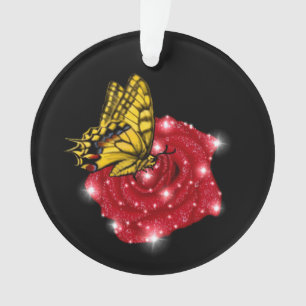Butterfly on red Rose with Stars and Raindrops Ornament