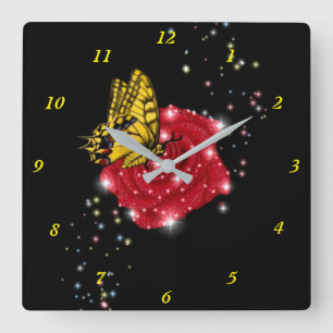 Butterfly on red Rose with Stars and Raindrops Square Wall Clock