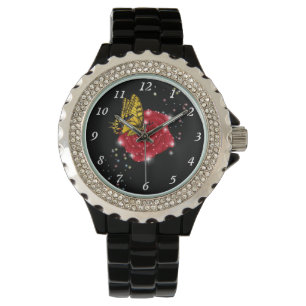 Butterfly on red Rose with Stars and Raindrops Watch