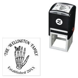 Butterfly on Skeleton Hand Family Name Date Estd Self-inking Stamp